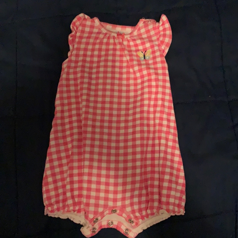 Carter’s sleeveless pink gingham romper w frog